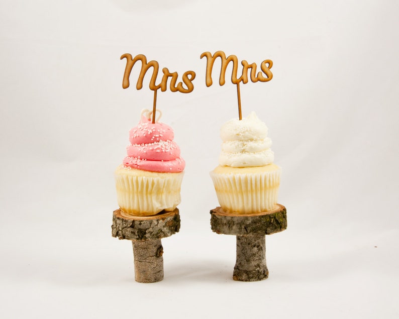 Mrs & Mrs Wedding Cupcake Toppers CUTOUT Same Sex Wedding Cupcake Cake Toppers LGBT Rustic Wood or Acrylic image 2