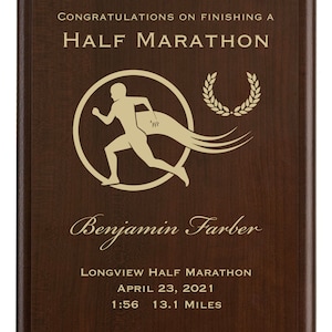 Half Marathon Finisher Award Running Gift for a First 13.1 Mile or 21K Run Personalized Completion Commemorative Plaque image 3