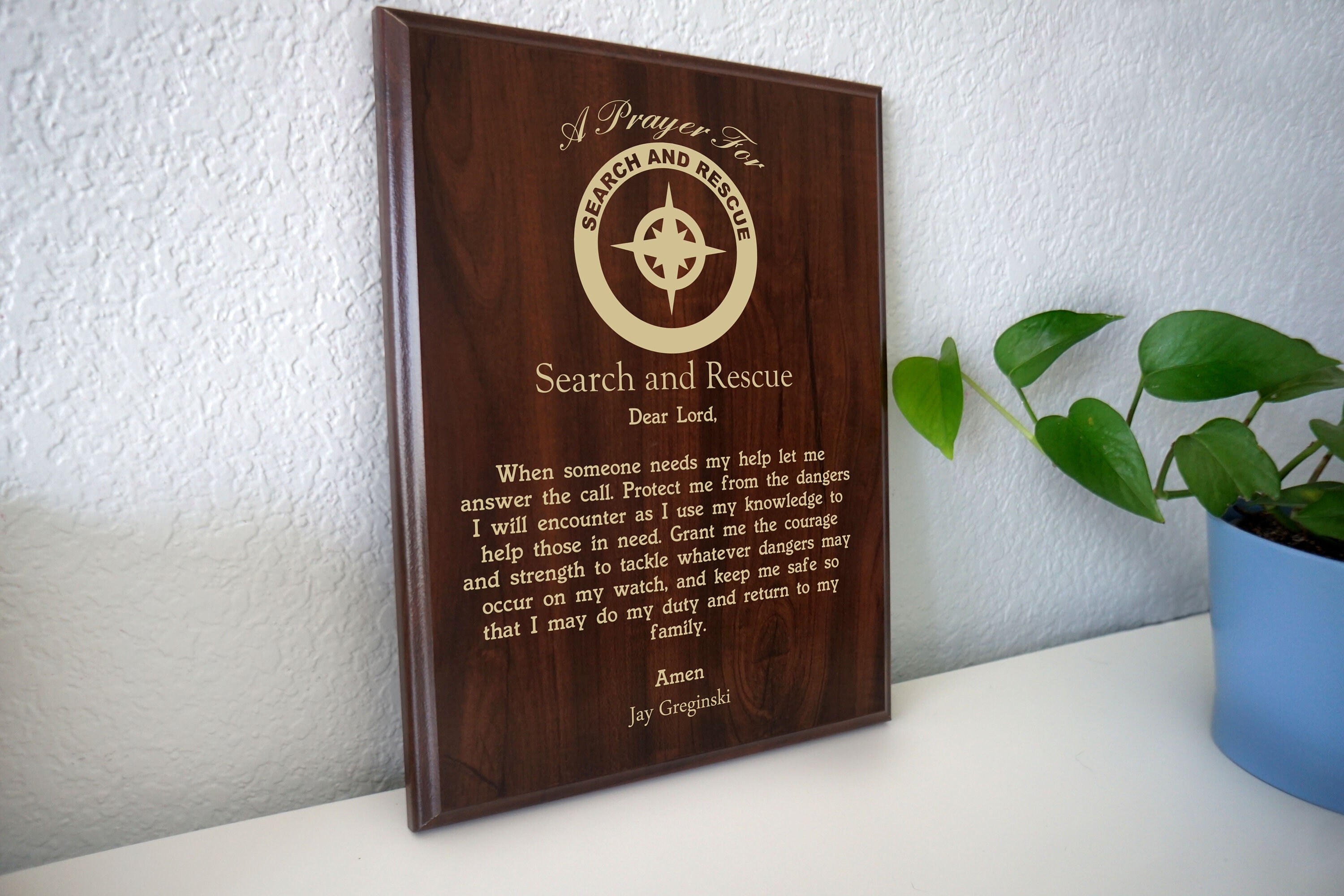 Search and Rescue Prayer Plaque | Personalized SAR Gift | Prayer for Mountain, Desert, K9, Diving, Swimming Rescue Groups - Thin Orange Line
