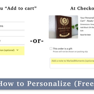Puede incluir: Una captura de pantalla de un sitio web que muestra una placa personalizada con el texto "Your Personalized Plaque After You hit "Add to Cart" - Ready to Checkout". La placa est&aacute; hecha de madera y tiene un acabado dorado. El texto en la placa es "Elizabeth Stevens" y el n&uacute;mero "5". El sitio web tambi&eacute;n muestra opciones para agregar una bolsa de regalo y una nota para el destinatario. El texto "How to Personalize (Free)" se muestra en un bot&oacute;n azul.