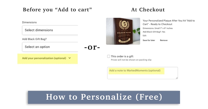 Puede incluir: Una captura de pantalla de un sitio web que muestra una placa personalizada con el texto "Your Personalized Plaque After You hit "Add to Cart" - Ready to Checkout". La placa est&aacute; hecha de madera y tiene un acabado dorado. El texto en la placa es "Elizabeth Stevens" y el n&uacute;mero "5". El sitio web tambi&eacute;n muestra opciones para agregar una bolsa de regalo y una nota para el destinatario. El texto "How to Personalize (Free)" se muestra en un bot&oacute;n azul.