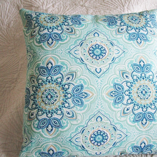 Aqua Ikat OUTDOOR Pillow Cover Decorative Accent Patio Porch Throw TOSS Pillow Cushion Medallion Blue Aqua Tan Damask