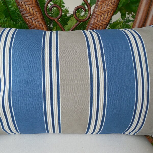 Navy Stripe Outdoor Pillow Cover Patio Porch Decorative Throw Accent Pillow Blue Tan Cushion Zipper Closure