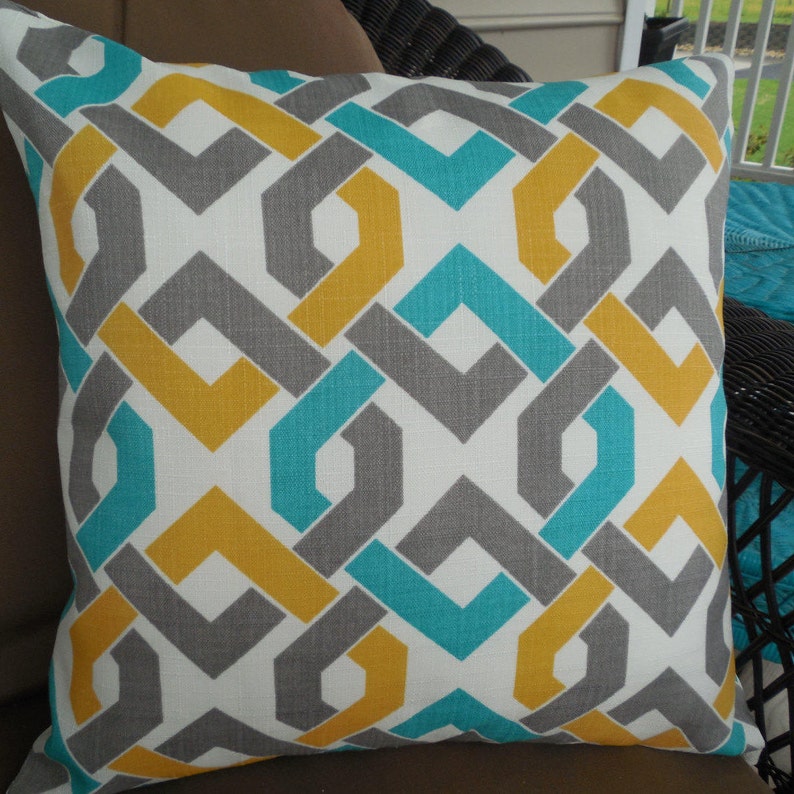 Clearance Ikat Outdoor Pillow Cover Teal Gray Yellow Patio Etsy