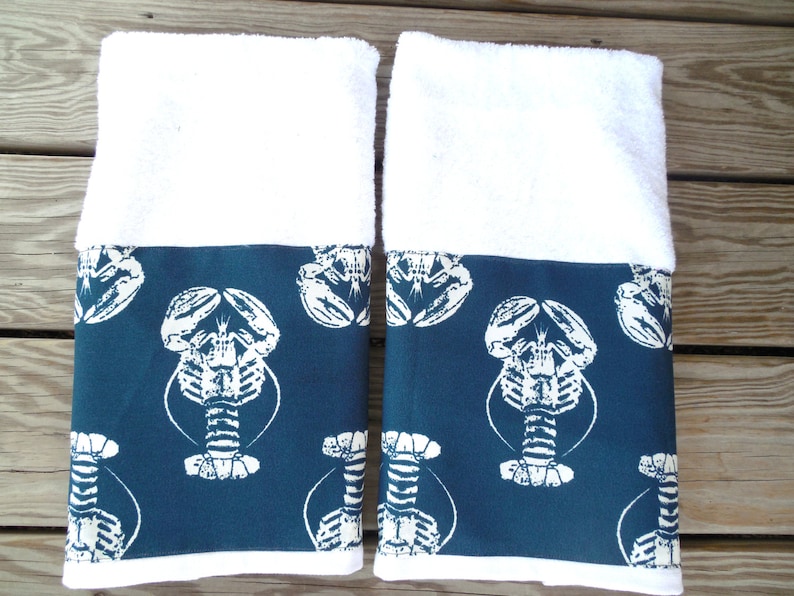 Navy Blue Hand Towel Nautical Beach Lobster Guest Towel Etsy