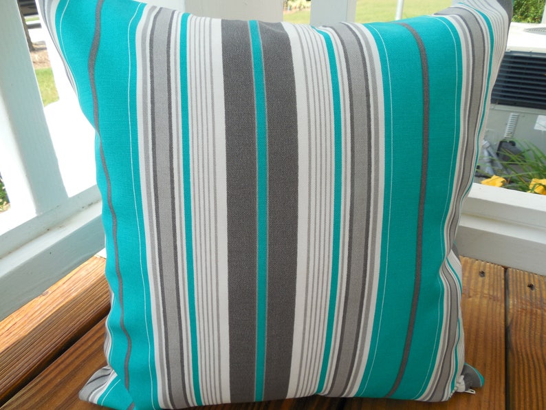 Outdoor Pillow Cover Teal Gray Stripe Patio Porch Decorative Throw Accent Pillow Modern Stripe