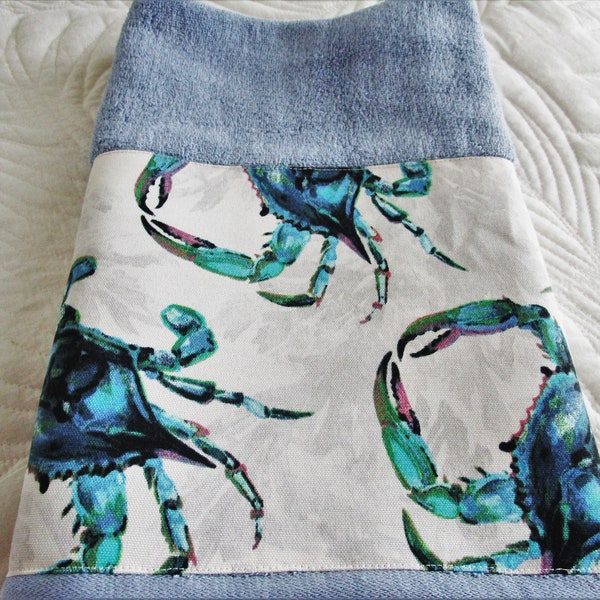 Beach  BATH Blue GUEST Hand Towel Crab Sea Life Coastal Bathroom Decorative Towel  Fabric Trim Hostess Housewarming Wedding