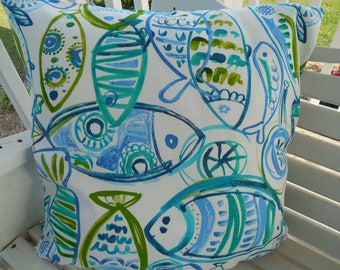 Fish OUTDOOR Pillow Cover Decorative Patio Porch Throw TOSS Pillow Abstract Blue Turquoise  Fish Deck Chair Accent Coastal Couch Cushion