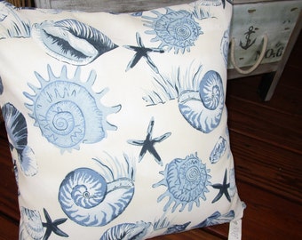 Shell Outdoor Pillow Cover: Coastal Blue Gray Accent Toss Patio Pillow