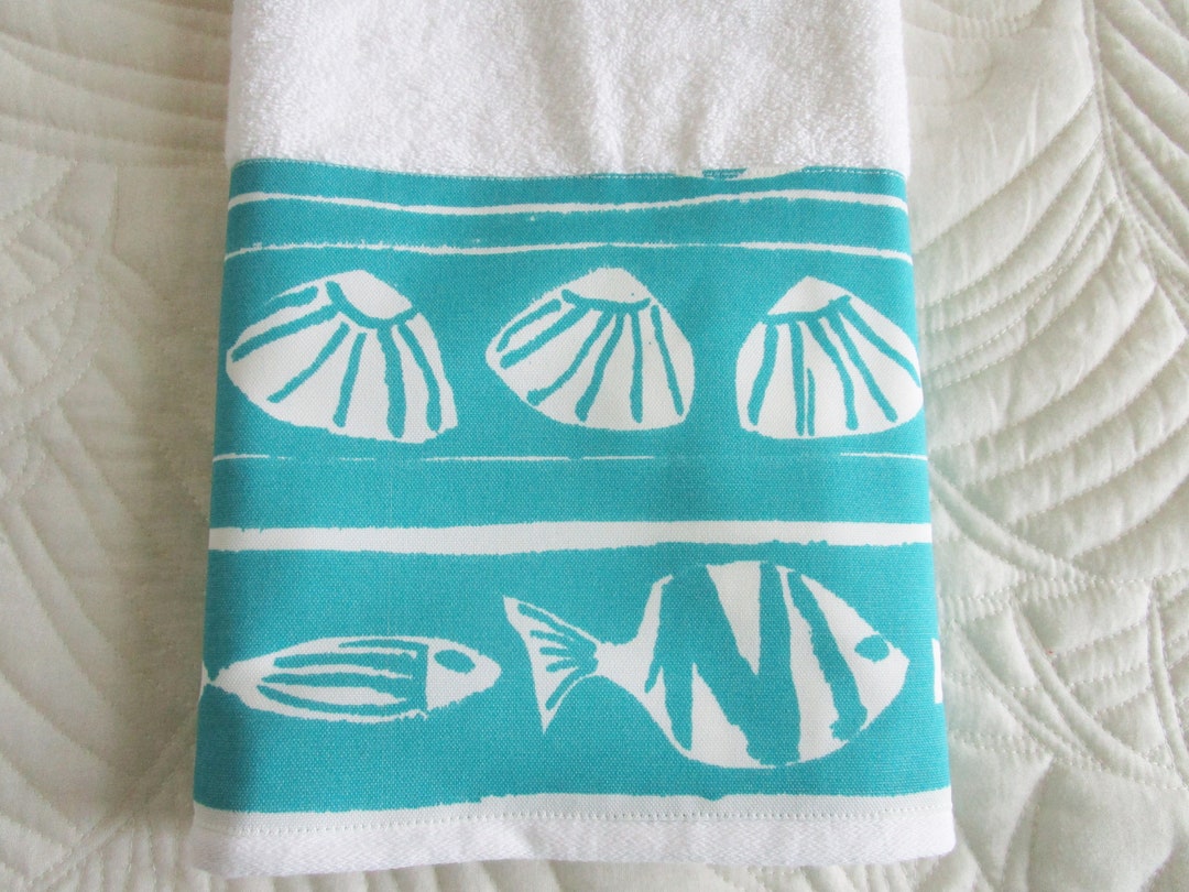 Shell HAND Towel Guest Bath Towel Fish Shell Decorative Teal Towel Coastal Bathroom Housewarming