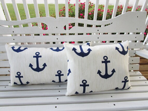 Navy Anchor Outdoor Pillow Cover Nautical Decorative Patio Etsy
