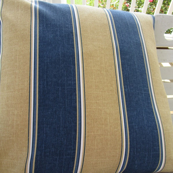 Blue Tan OUTDOOR Pillow Cover Stripe Patio Porch Decorative Accent Throw TOSS Pillow Cushion Zipper Closure Tan Navy Blue Mix and Match