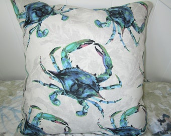 Blue Crab OUTDOOR Pillow Cover Patio Porch Deck Beach Decorative Accent Throw TOSS Pillow Coastal Blue Teal Crab