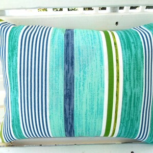 Teal Stripe Outdoor Pillow Cover: Beach Patio Decor Toss Pillow