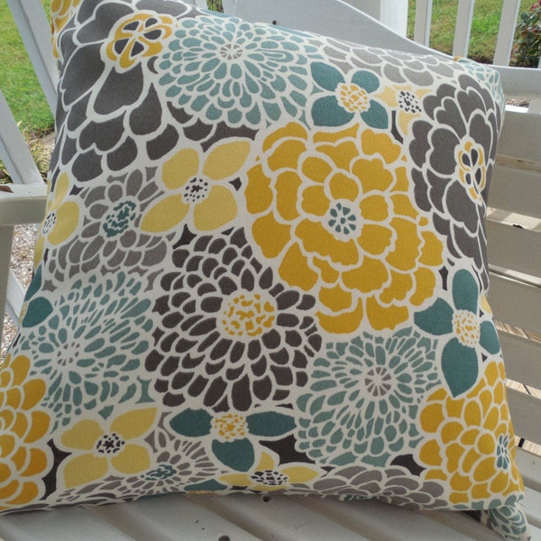 Gray Floral OUTDOOR Pillow Cover Patio Porch Decorative Throw TOSS Pillow Deck Chair Accent Blooms Cushion Spa Tones Yellow Gray Seafoam