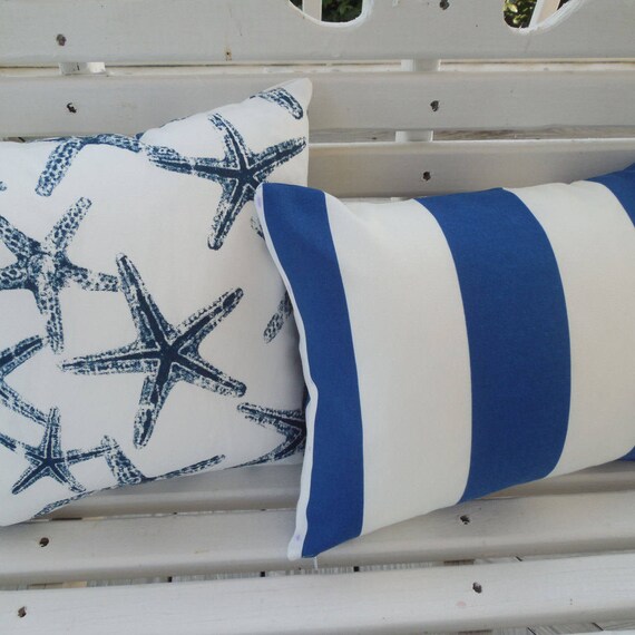 Navy Starfish Outdoor Pillow Cover: Nautical Beach Decor