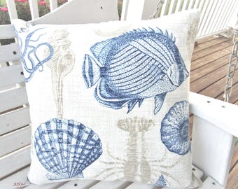Blue Fish Outdoor Pillow Cover: Nautical Beach Accent Decor