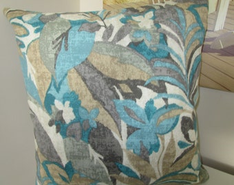 Gray Teal OUTDOOR  Pillow Cover Floral Patio Porch Decorative Accent Throw TOSS Pillow Cover Tan Gray Teal Flowers