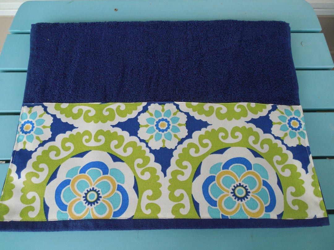 Modern HAND Towel Navy Green Ikat Medallion Guest Bath Decorative Hand
