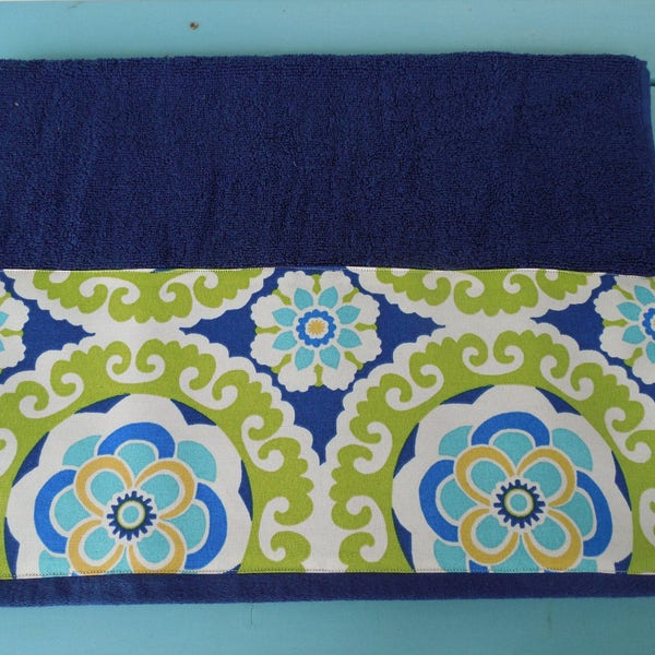 Modern HAND Towel Navy Green Ikat Medallion Guest Bath Decorative Hand Towel Fabric Trim Navy Teal Lime Green Housewarming Hostess Gift