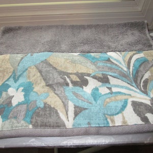 Gray Guest Hand Towel: Teal Floral Fabric Trim, Decorative Bath Decor Gift
