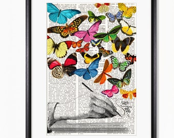 Dictionary Art Print WRITING HAND and BUTTERFLIES, Vintage illustration, butterfly art, wall decor, prints, quirky, whimsical decor, #209