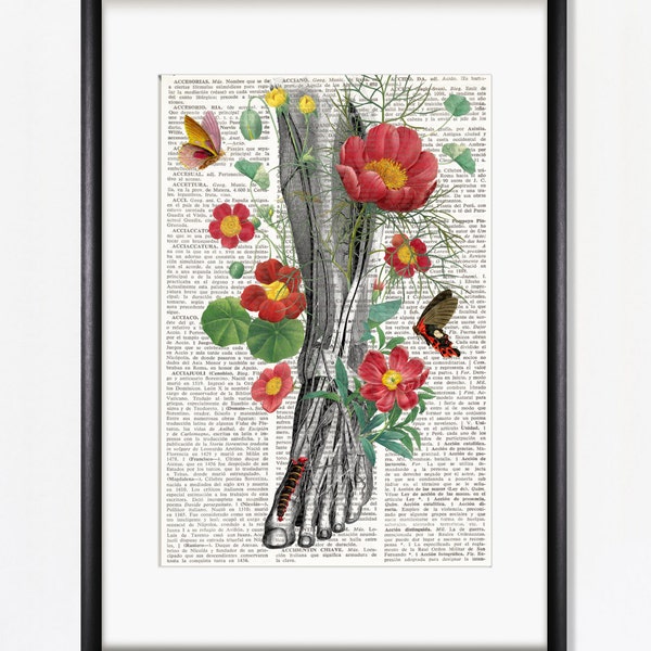 LEG AND FLOWERS, Human anatomy art, anatomy art, art prints, anatomical, human foot, leg, podiatrist, Podiatry, surgeon, chiropodist, #211