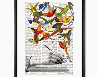 Dictionary Art Print WRITING HAND and HUMMINGBIRDS, Vintage illustration, hummingbird art, wall decor, prints, quirky, whimsical decor, #208