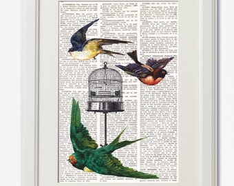 Print on Vintage Dictionary paper FREE BIRDS, Dictionary Art print, page from old book, wall hanging, birds flying, vintage cage, #036