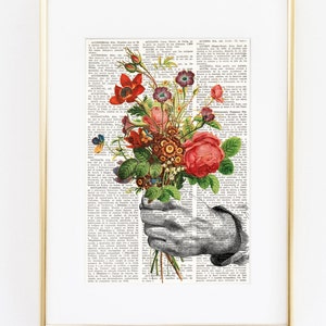 Dictionary Art Print HAND with FLOWERS, Botanical Dictionary Art, Dictionary Print, wall art, wall decor, flowers prints, floral decor, 197 image 1