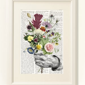 Dictionary Art Print HAND with FLOWERS, Botanical Dictionary Art, Dictionary Print, wall art, wall decor, flowers prints, floral decor, 196 image 1