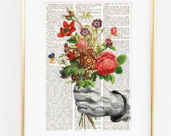 Dictionary Art Print HAND with FLOWERS, Botanical Dictionary Art, Dictionary Print, wall art, wall decor, flowers prints, floral decor, #197