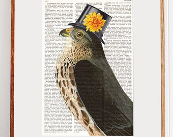 Dictionary Art Page STYLISH FALCON, Dictionary Art Print, Dictionary Paper, Bird with Hat, Wall Art, Quirky Wall decor, Vintage prints, #111