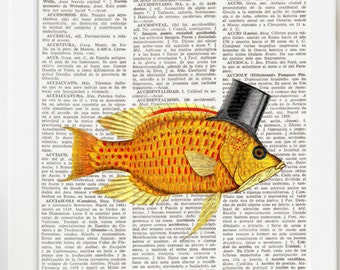 Dictionary Art Print FISH with TOP HAT, Wall Art, Engraving, home decor, whimsical, quirky prints, wall hanging, yellow fish, boho, #101-4