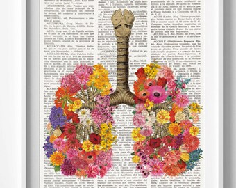 FLOWERED LUNGS Dictionary Art Print, Lung of flowers, human anatomy prints, floral anatomy, Wall art, quit smoking gift, healthy art, #156