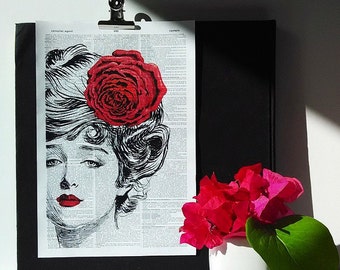 Dictionary Page Art WOMAN IN RED, Dictionary Art Print, Dictionary Print, wall hanging art, woman with flower, red lips, red flower, #043