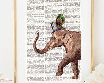 Lamina decorativa ELEFANTE ELEGANTE con SOMBRERO, Ilustracion vintage sobre pagina diccionario antiguo, Decoración hogar, cuadros,  #035