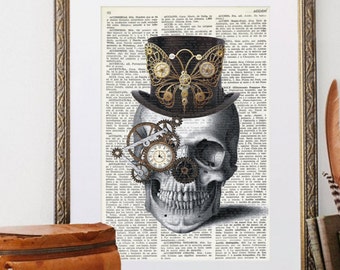 STEAMPUNK SKULL Collage Print on Vintage Dictionary Page, Skeleton with top hat and monocle, gift for geeks, whimsical decor, quirky, #049