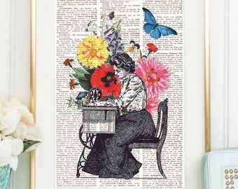 Dictionary Art Print THE DRESSMAKER, Print on Vintage Dictionary Paper, Wall Art, Home Decor, Floral prints, dressmaker gift, sewing, #104