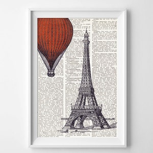 Dictionary Art Print EIFFEL TOWER and red BALLOON, Vintage illustration on antique book paper, Hot air balloon, Paris, chic prints, 002-red image 1