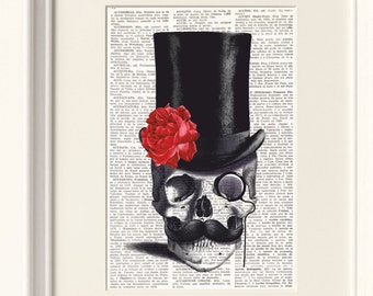 TOP HAT SKULL Dictionary Print, anatomy print, doctor gift, Skeleton, victorian art, top hat, gentleman, monocle, moustache, Steampunk, #051