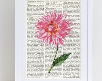 Dictionary Art Print PINK DAHLIA, Dictionary Art, Vintage Wall Art, Dictionary Print, Wall decor, flower, FLOWERS, botanic, floral art, #079