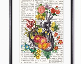 CORAZÓN HUMANO con FLORES, corazón con flores, lámina corazón, regalo enamorados, regalo doctor, cardiólogo, lamina anatomia, anatomia, #214