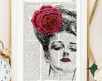 Dictionary Page Art WOMAN IN RED-2, Dictionary Art Print, Dictionary Print, wall hanging art, woman with flower, red lips, red flower, #149