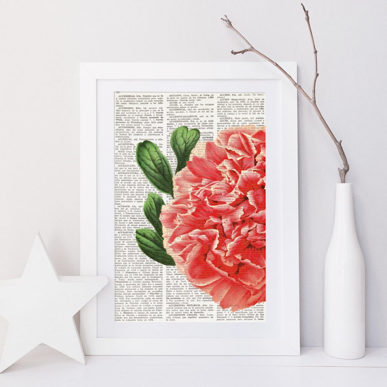 Dictionary Art Print PINK FLOWER, Dictionary Art, Vintage Wall Art, Dictionary Print, Wall decor, Upcycled page, flower print, floral, 023 image 1