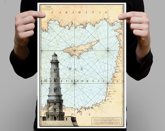 LIGHTHOUSE PRINT, nautical map, antique map, nautical print, lighthouse Art, mediterranean, beach house decor, coastal print, 11X14, #P4