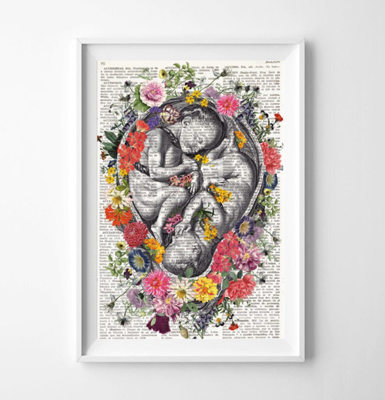 FLOWERED TWINS Dictionary Art Print, Twin Fetus, Womb, Uterus, anatomy print, Mother of two, new mom gift, baby shower, floral anatomy, 186 image 1