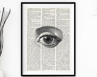 Vintage Illustration printed on DICTIONARY Paper THE EYE, Dictionary Art Print, Home decor, Original Wall Art, Old book paper, Anatomy, #053