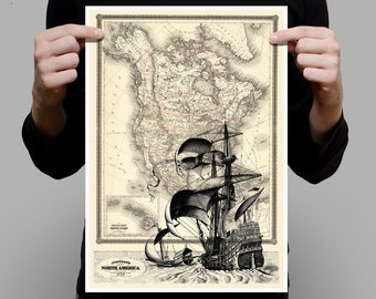 SHIP to AMERICA, USA map, old map, nautical print, travel art, antique map poster, antique ship, engraving, sailing ship print, 11x14, #P1