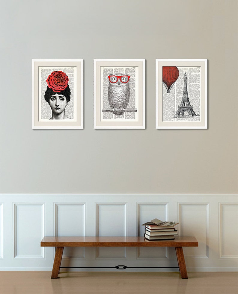 Dictionary Art Print EIFFEL TOWER and red BALLOON, Vintage illustration on antique book paper, Hot air balloon, Paris, chic prints, 002-red image 3